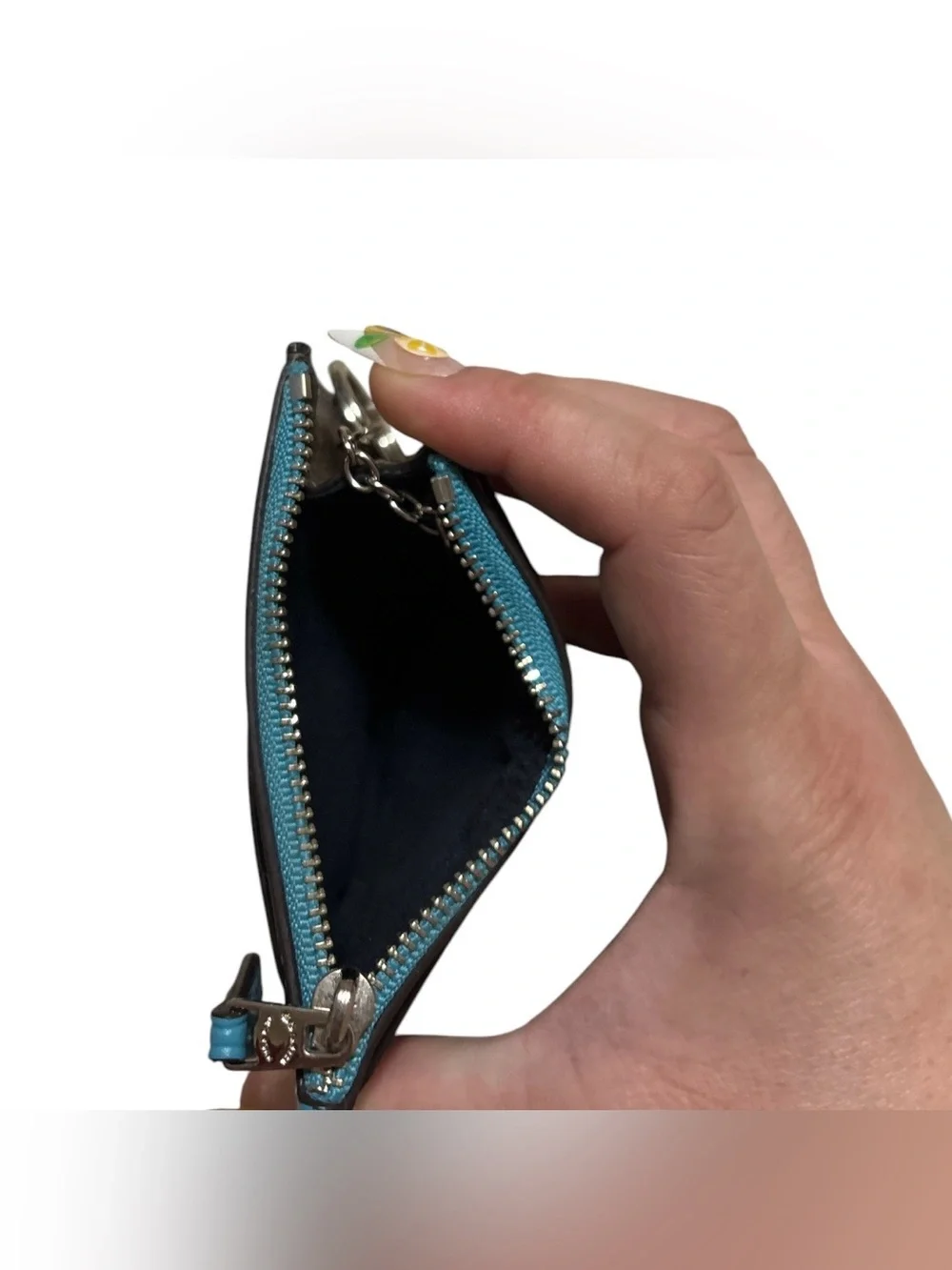 Coach Brown Signature Canvas Card Case with Teal Trim and Key Ring